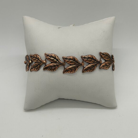 Vintage Copper Leaf Link Bracelet 7.5" With Hook Clasp Design - Picture 10 of 12